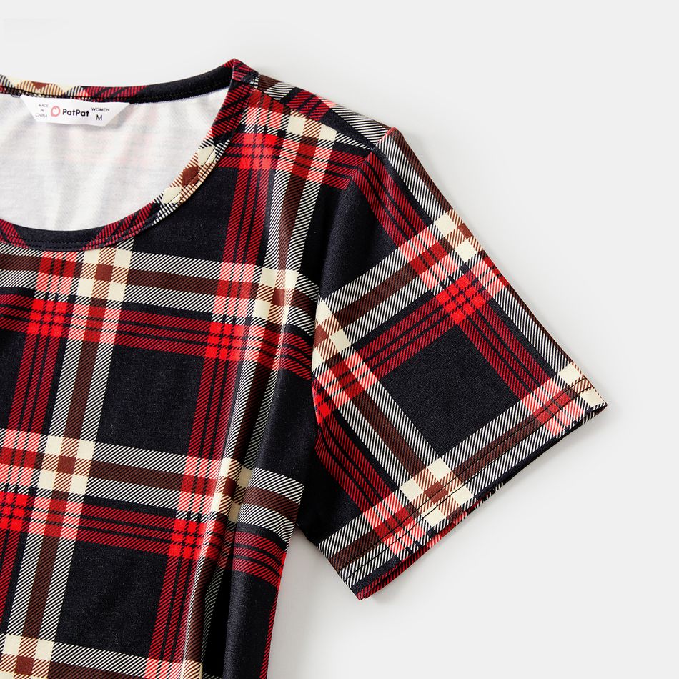 Family Matching Plaid Short-sleeve Ruched Drawstring Bodycon Dresses and Polo Shirts Sets Black big image 4