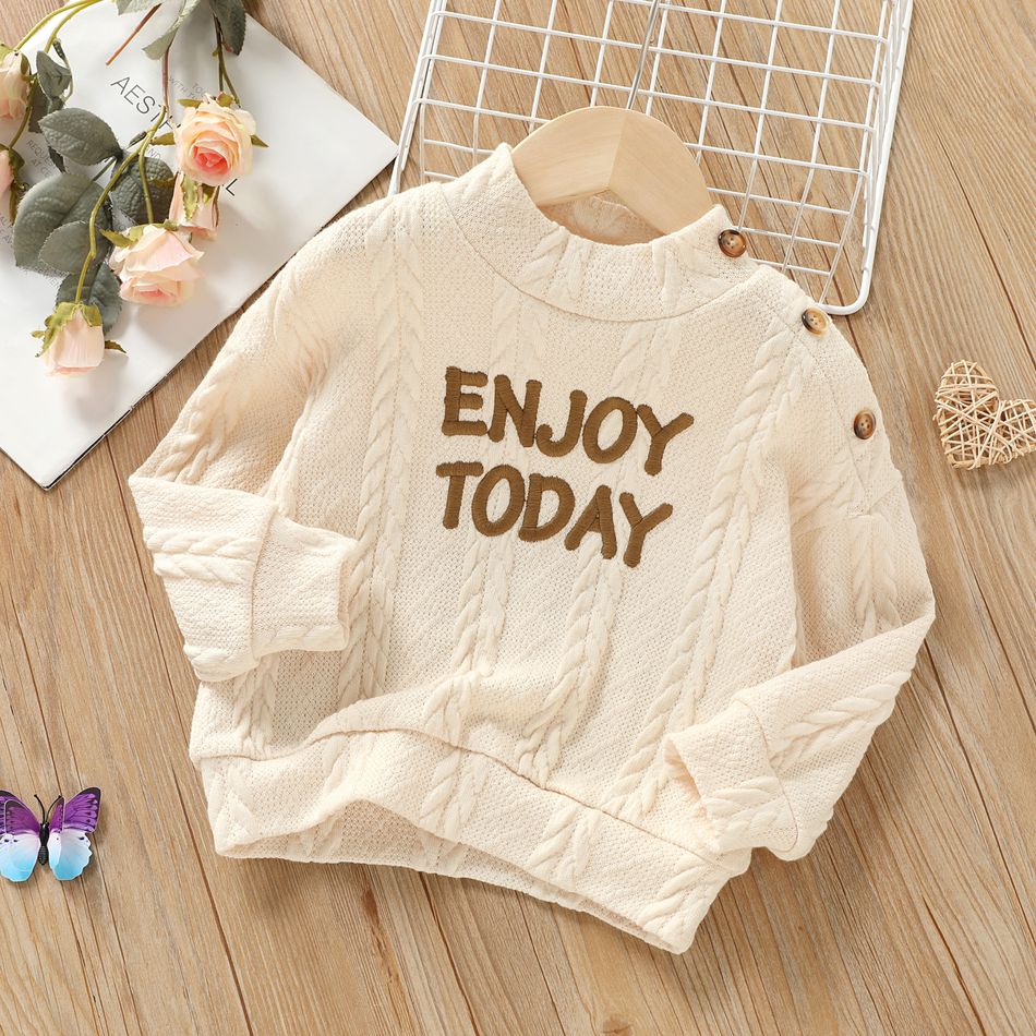 Toddler Girl Letter Embroidered Textured Button Design Mock Neck Tee Apricot