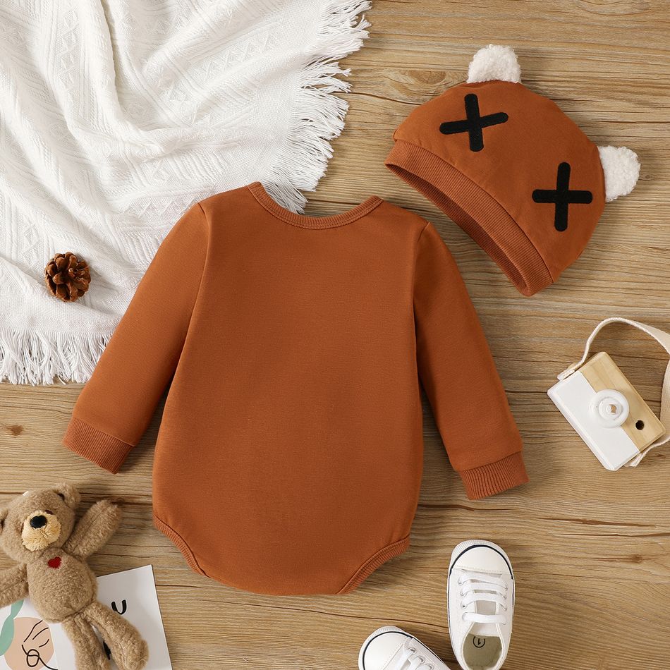 2pcs Baby Boy Bear Embroidered Brown Long-sleeve Romper with Hat Set Brown big image 2