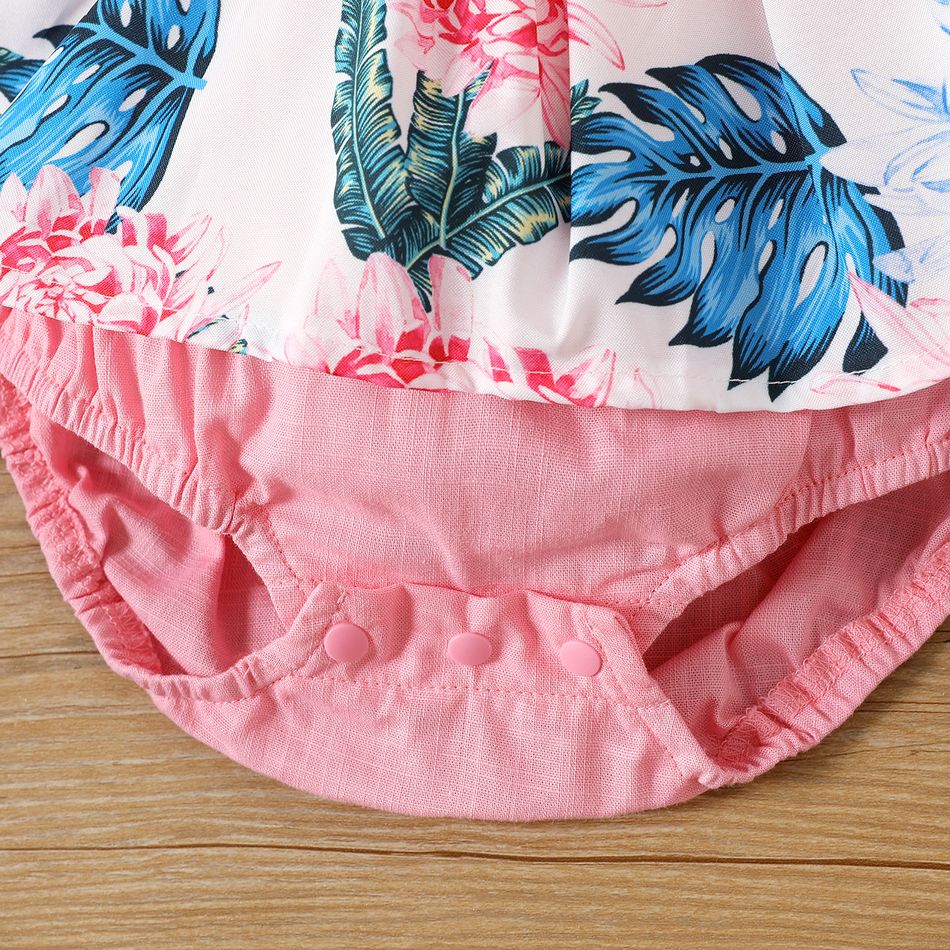 100% Cotton 2pcs Baby Girl Long-sleeve Ruffle Trim Plant Print Spliced Romper with Headband Set Pink big image 5