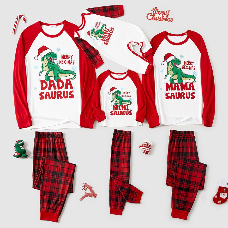 Christmas Family Matching Red Raglan-sleeve Dinosaur & Letter Print Plaid Pajamas Sets (Flame Resistant) Red