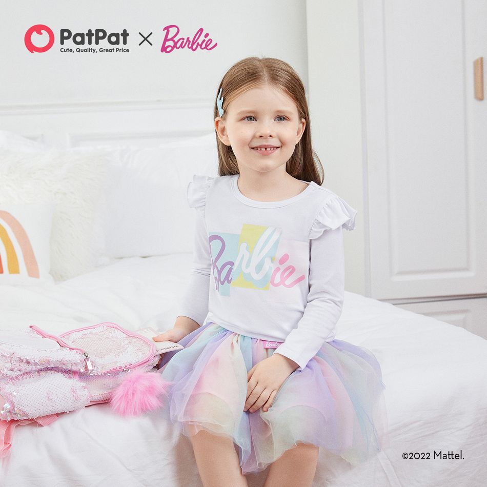 Barbie 2pcs Toddler Girl Letter Print Long-sleeve White Tee and Colorblock Mesh Skirt Set Multi-color big image 1