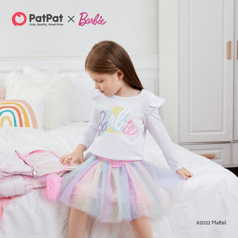 باربي 2 قطعة طفل فتاة رسالة طباعة طويلة الأكمام تي شيرت أبيض ومجموعة تنورة شبكية colorblock متعدد الألوان big image 2
