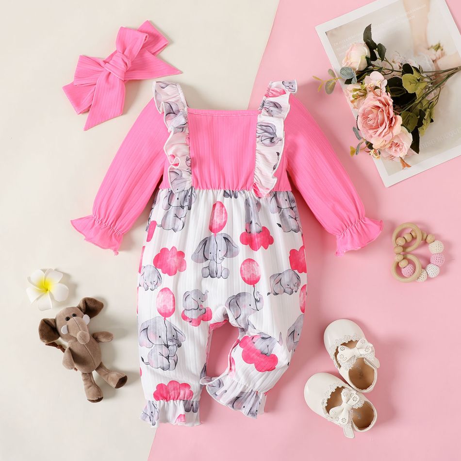 2pcs Baby Girl Elephant Print Ruffle Trim Spliced Solid Ribbed Square Neck Long-sleeve Jumpsuit with Headband Set ColorBlock big image 1