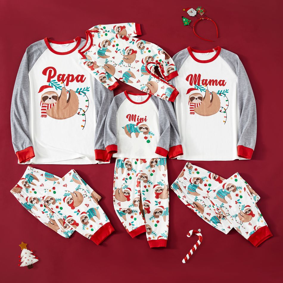 Christmas Family Matching Sloth & Letter Print Raglan-sleeve Pajamas Sets (Flame Resistant) ColorBlock big image 5