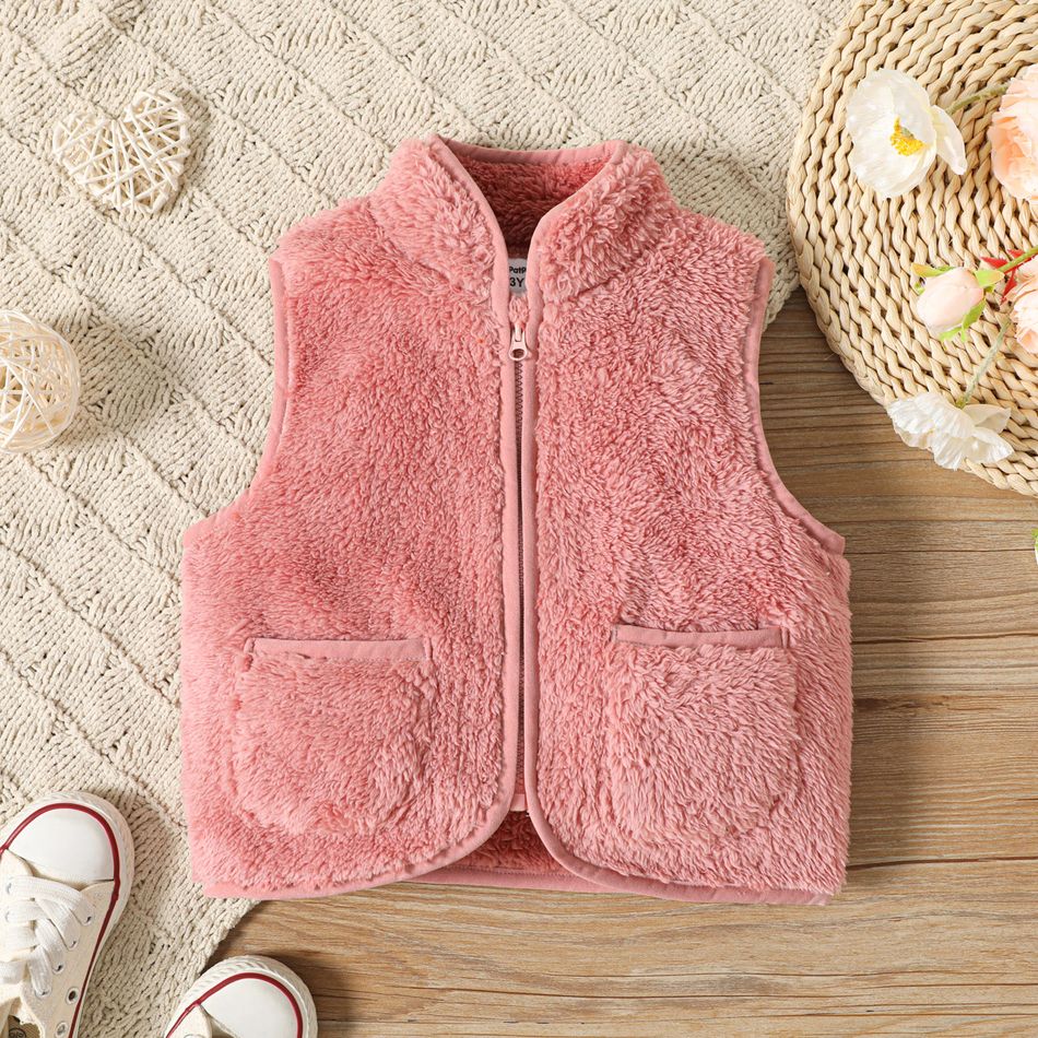 Toddler Girl Solid Color Fleece Zipper Design Vest Pink