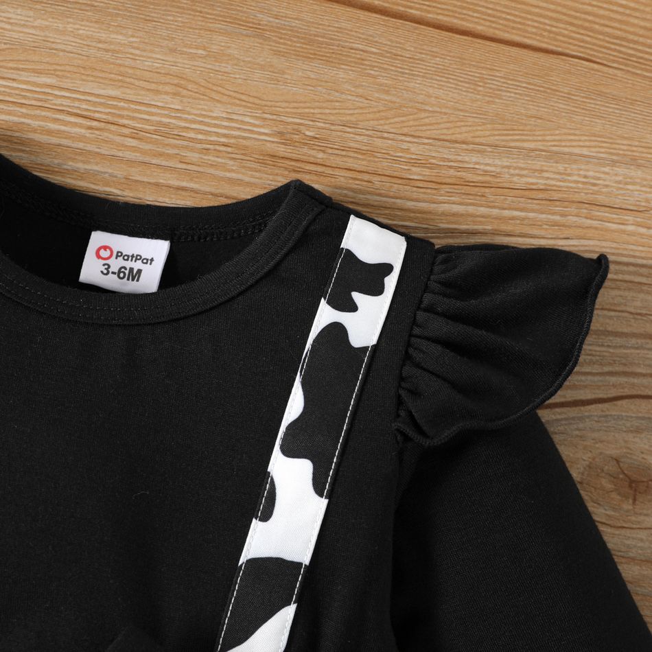 Baby Girl Black Cow Front Print Spliced Bow Front Ruffle Long-sleeve Romper BlackandWhite big image 3