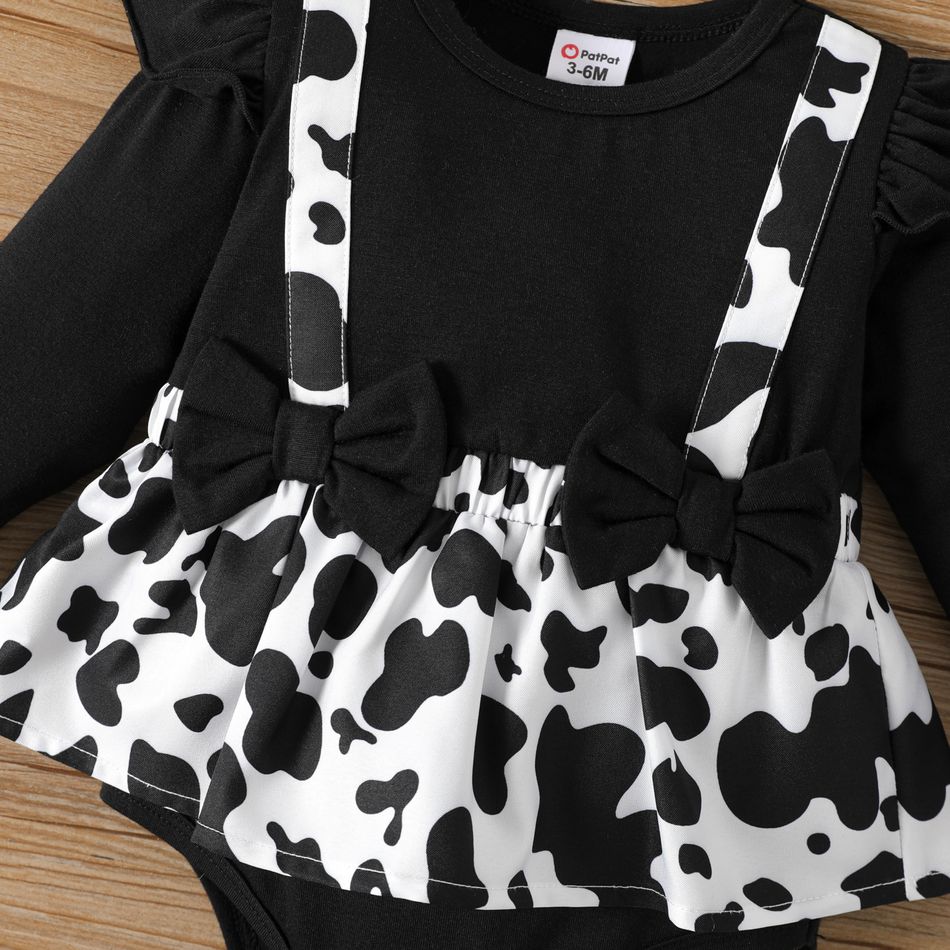 Baby Girl Black Cow Front Print Spliced Bow Front Ruffle Long-sleeve Romper BlackandWhite big image 4