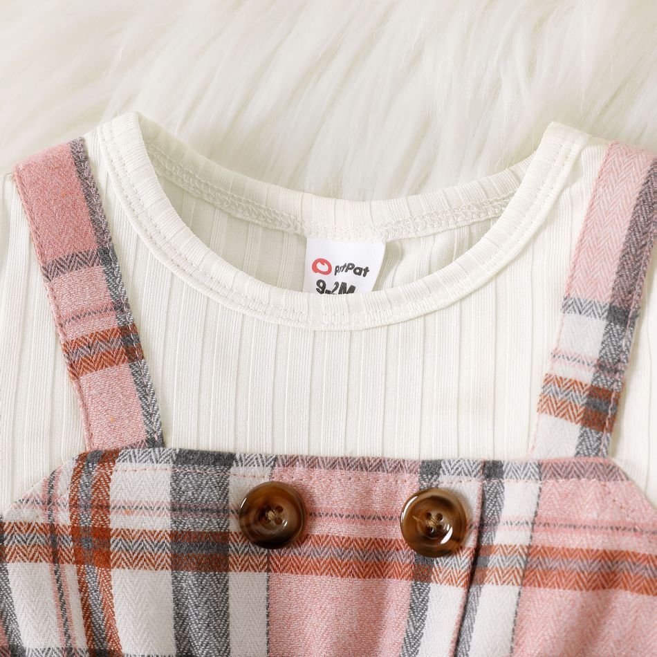 2pcs Baby Girl Solid Rib Knit Long-sleeve Spliced Plaid Belted Double Breasted Dress PinkyWhite big image 3