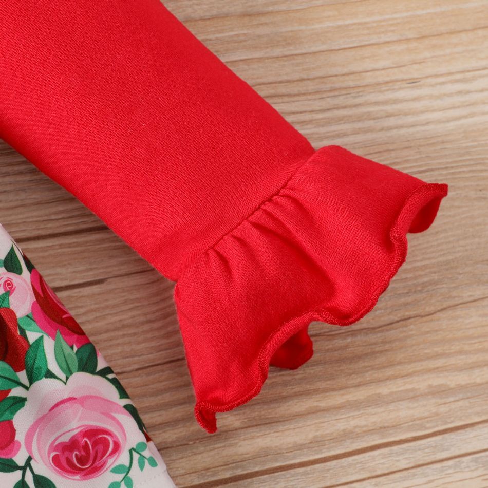 1 Stück Baby Mädchen Ausgestellter Kragen Große Blume Süß Langärmelig Strampler rot-Weiss big image 3