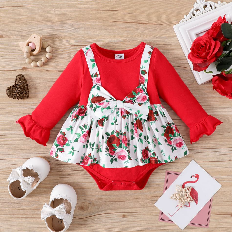 Baby Girl 95% Cotton Solid Flare-sleeve Spliced Floral Print Bow Front Romper REDWHITE big image 1