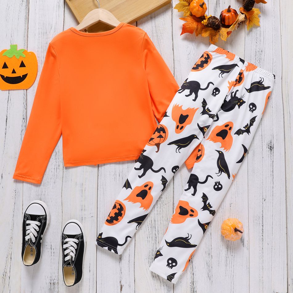 2pcs Kid Girl Halloween Graphic Tie Knot Long-sleeve Tee and Allover Print Leggings Set Orange big image 2