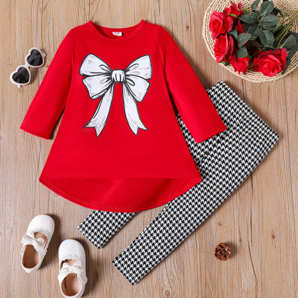 2pcs Toddler Girl Bowknot Print High Low Long-sleeve Tee and Houndstooth Leggings Set Red-2