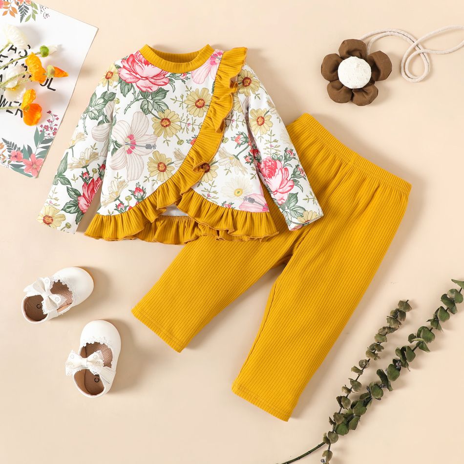 2pcs Baby Girl Allover Floral Print Spliced Ruffle Trim Long-sleeve Top and Solid Rib Knit Pants Set Bisque big image 1