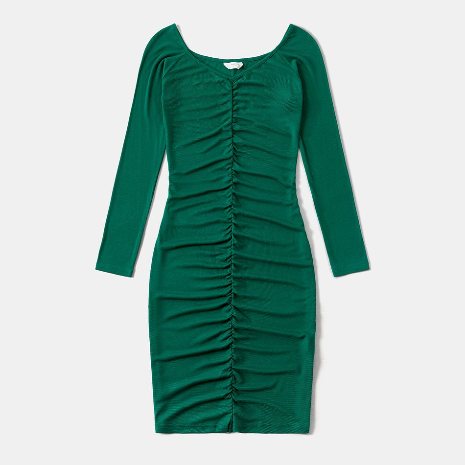 Family Matching Solid Rib Knit Ruched Bodycon Dresses and Long-sleeve Plaid Shirts Sets Green big image 6