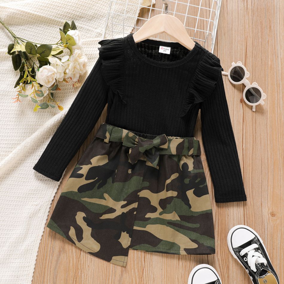 2pcs Toddler Girl Ruffled Ribbed Black Tee and Camouflage Print Irregular Belted Skirt Set Black big image 1
