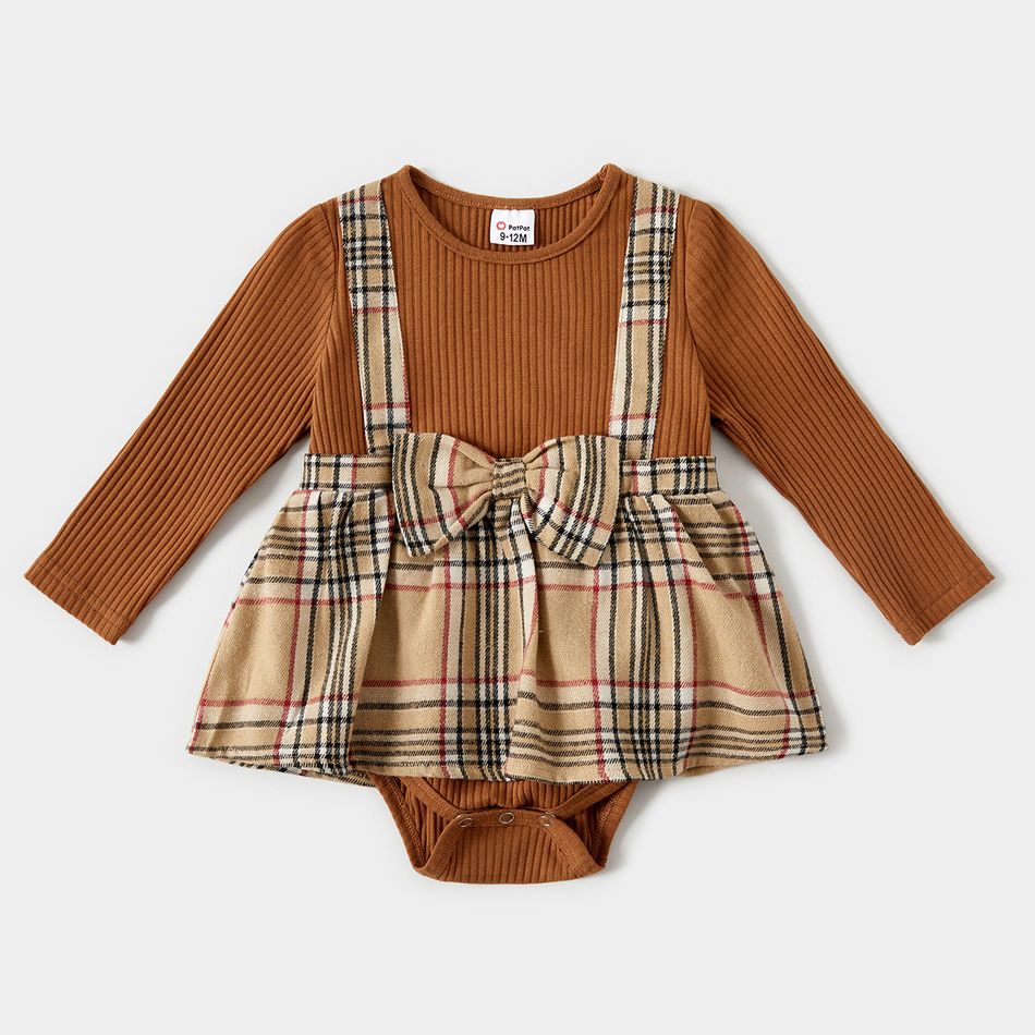 Mommy and Me Long-sleeve Solid Rib Knit Spliced Plaid Dress ColorBlock big image 9