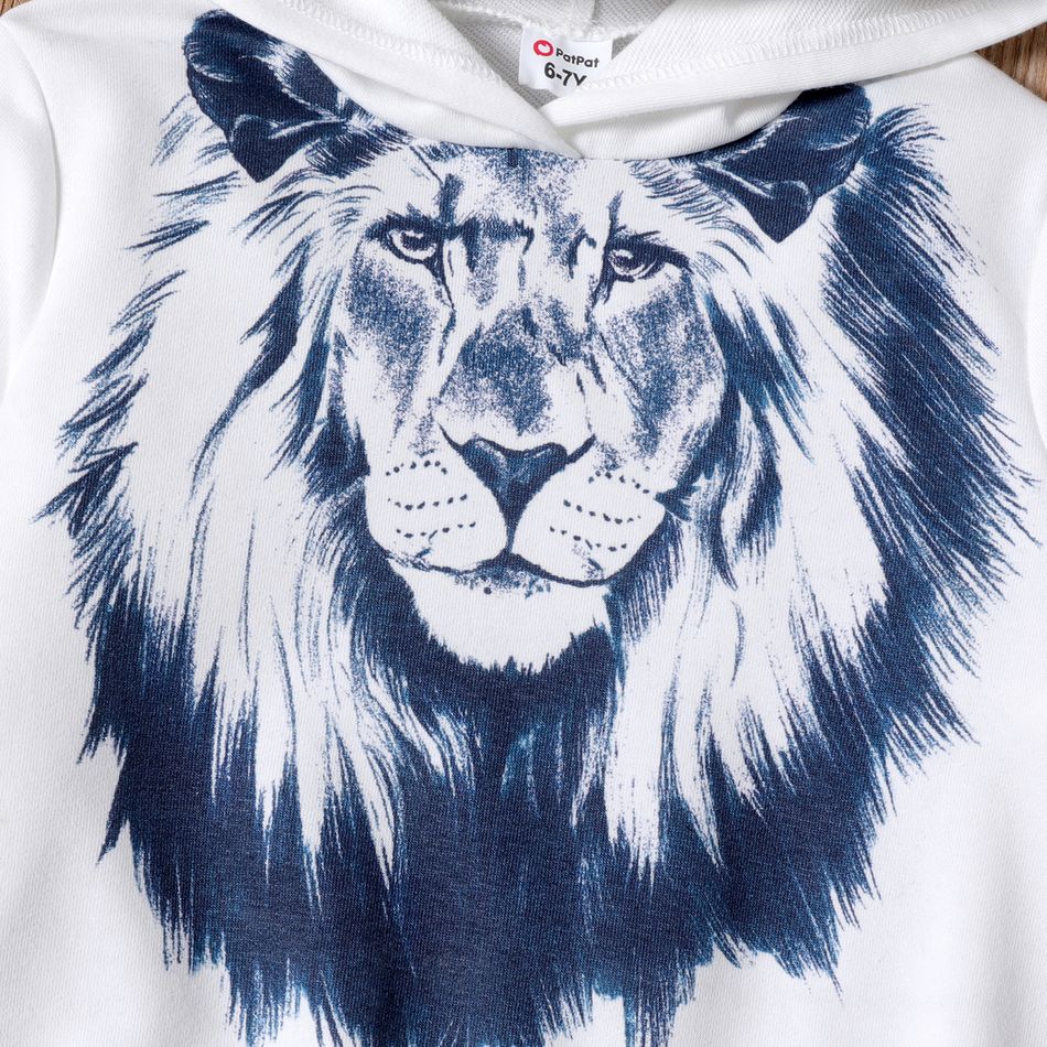 2pcs Kid Boy Lion Print White Hoodie Sweatshirt and Elasticized Pants Set ColorBlock big image 2