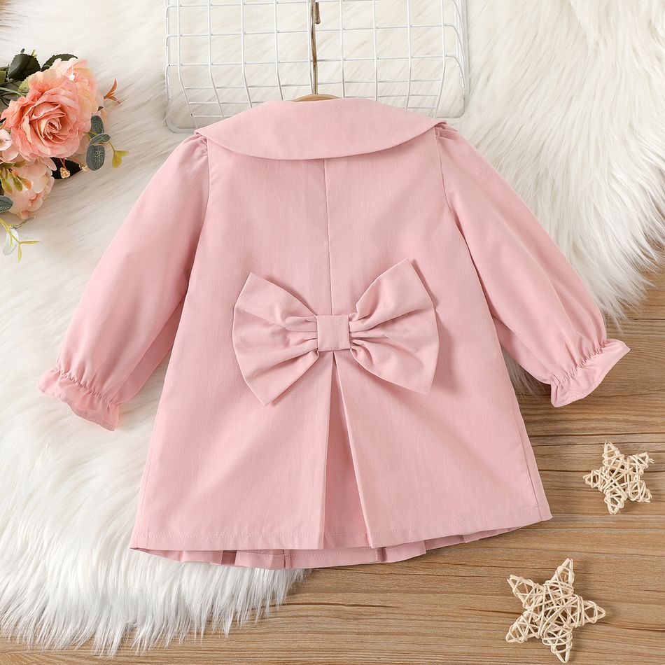 Baby Girl Pink Asymmetric Peter Pan Collar Bow Front Long-sleeve Pleated Coat Pink big image 2