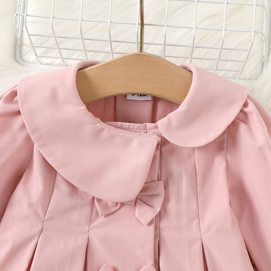 Baby Girl Pink Asymmetric Peter Pan Collar Bow Front Long-sleeve Pleated Coat Pink big image 3
