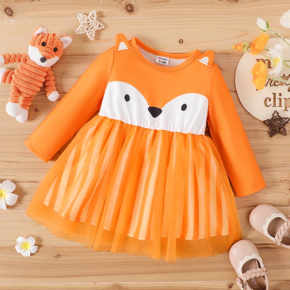 Baby Girl Fox Graphic 3D Ears Detail Orange Long-sleeve Mesh Dress Orange