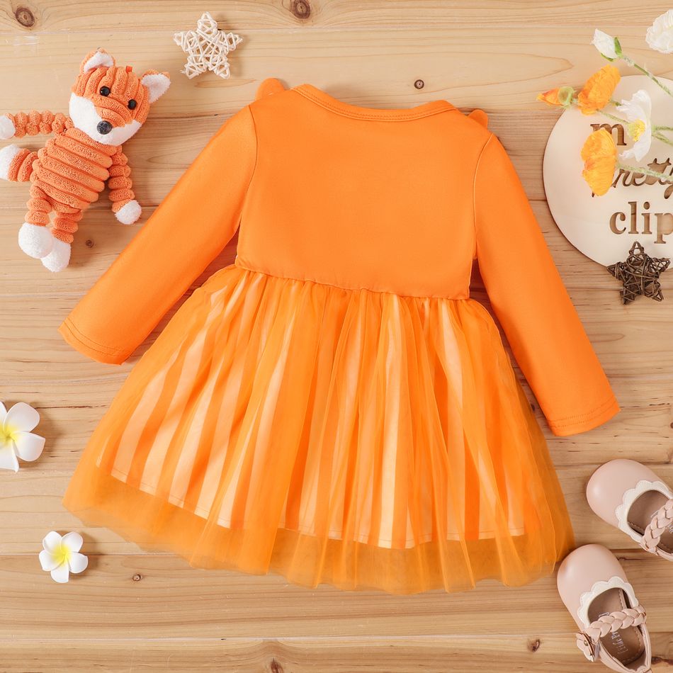 Baby Girl Fox Graphic 3D Ears Detail Orange Long-sleeve Mesh Dress Orange big image 2