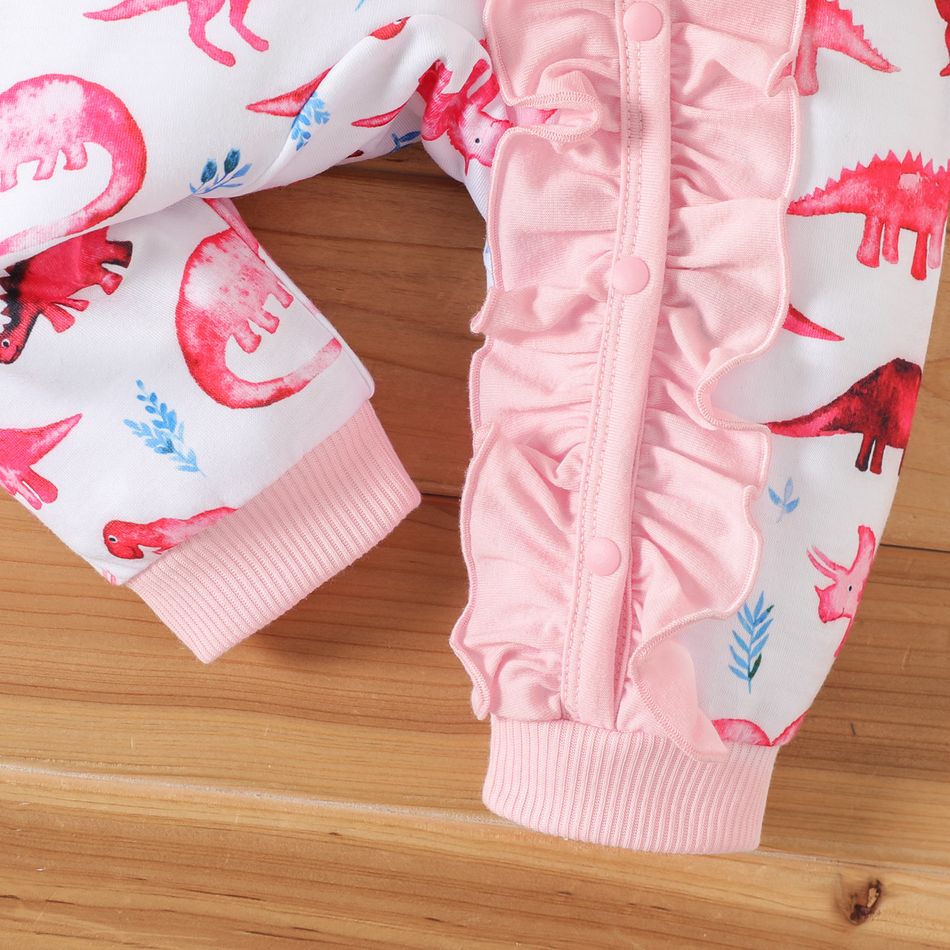 2pcs Baby Girl Allover Dinosaur Print Ruffle Trim Button Front Long-sleeve Jumpsuit with Headband Set Pink big image 4