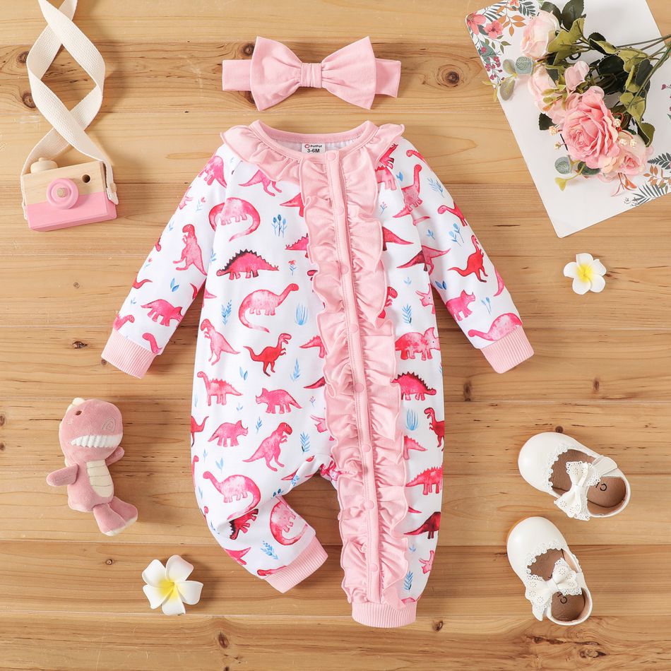2pcs Baby Girl Allover Dinosaur Print Ruffle Trim Button Front Long-sleeve Jumpsuit with Headband Set Pink
