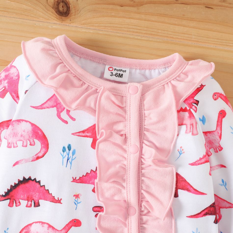 2pcs Baby Girl Allover Dinosaur Print Ruffle Trim Button Front Long-sleeve Jumpsuit with Headband Set Pink big image 3