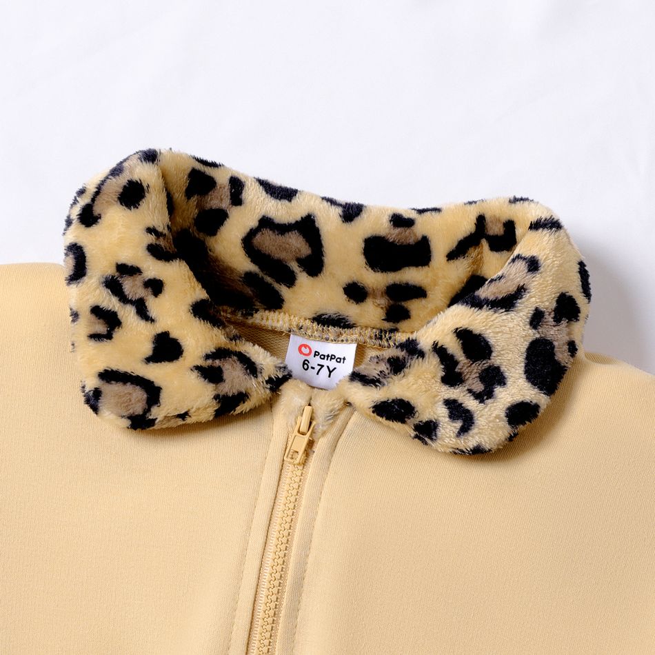 2pcs Kid Girl Leopard Print Splice Jacket and Pants Set Apricot big image 2