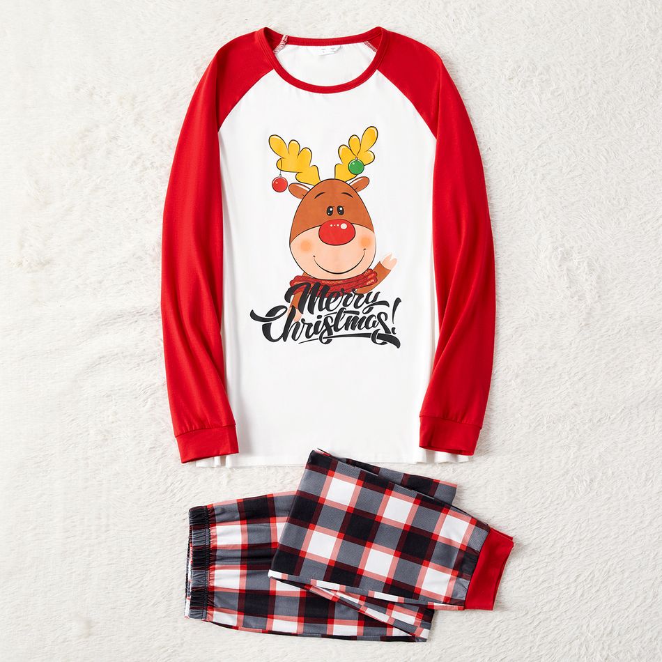 Christmas Family Matching Reindeer & Letter Print Red Raglan-sleeve Plaid Pajamas Sets (Flame Resistant) Black big image 2