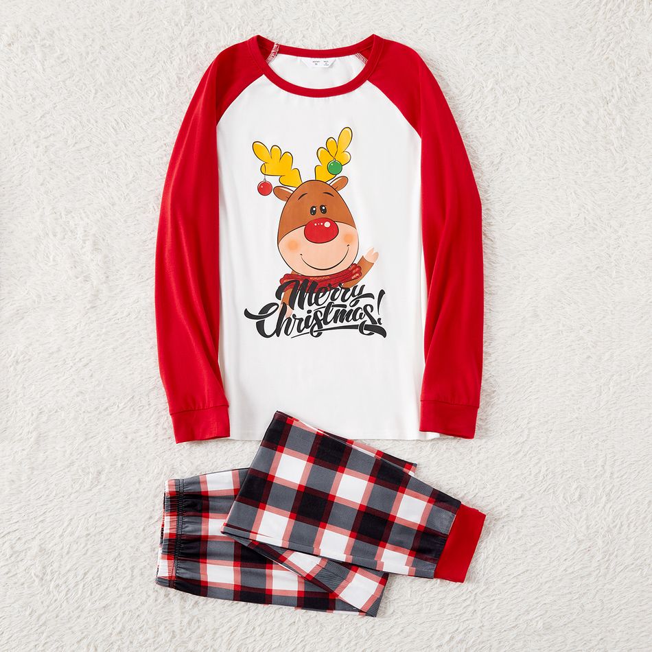 Christmas Family Matching Reindeer & Letter Print Red Raglan-sleeve Plaid Pajamas Sets (Flame Resistant) Black big image 8
