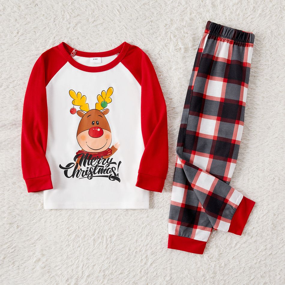 Christmas Family Matching Reindeer & Letter Print Red Raglan-sleeve Plaid Pajamas Sets (Flame Resistant) Black big image 9