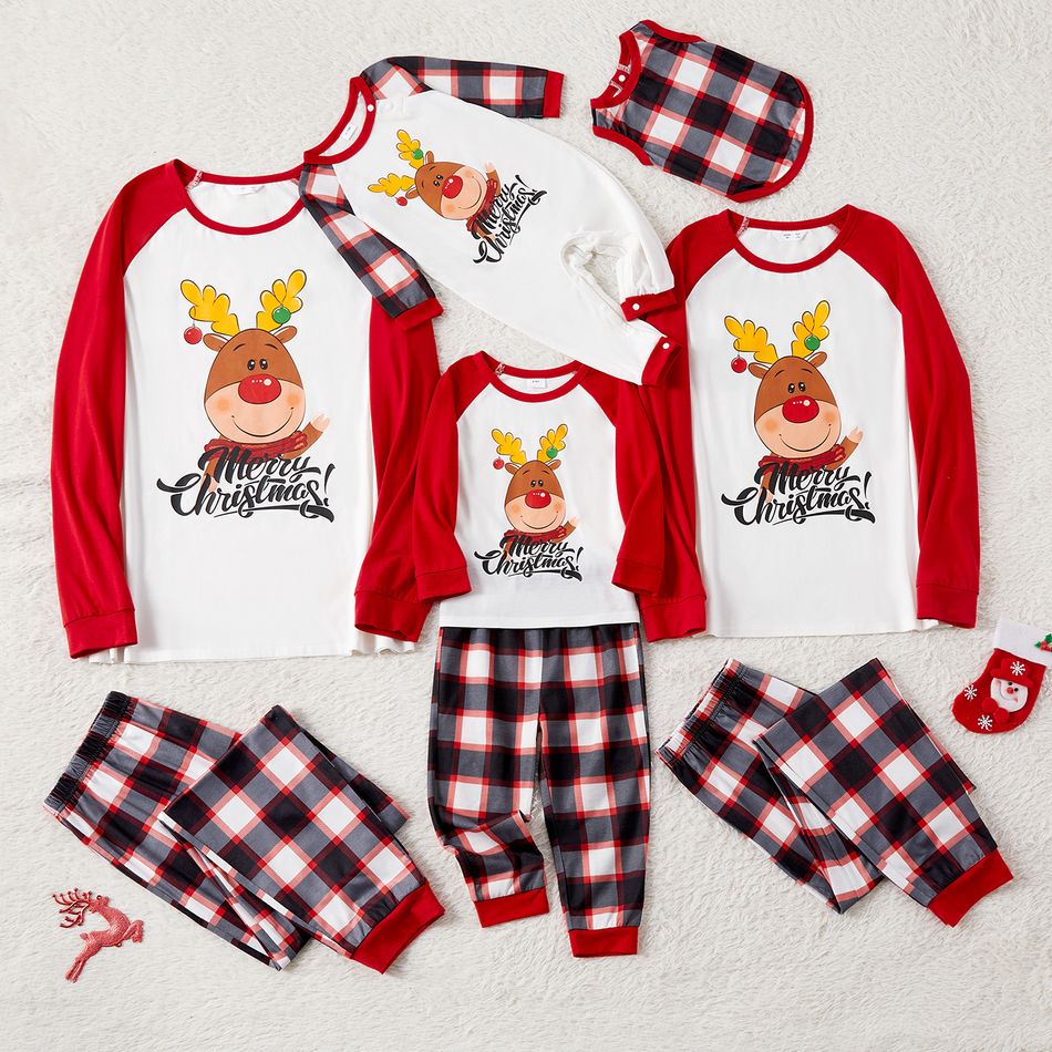 Christmas Family Matching Reindeer & Letter Print Red Raglan-sleeve Plaid Pajamas Sets (Flame Resistant) Black