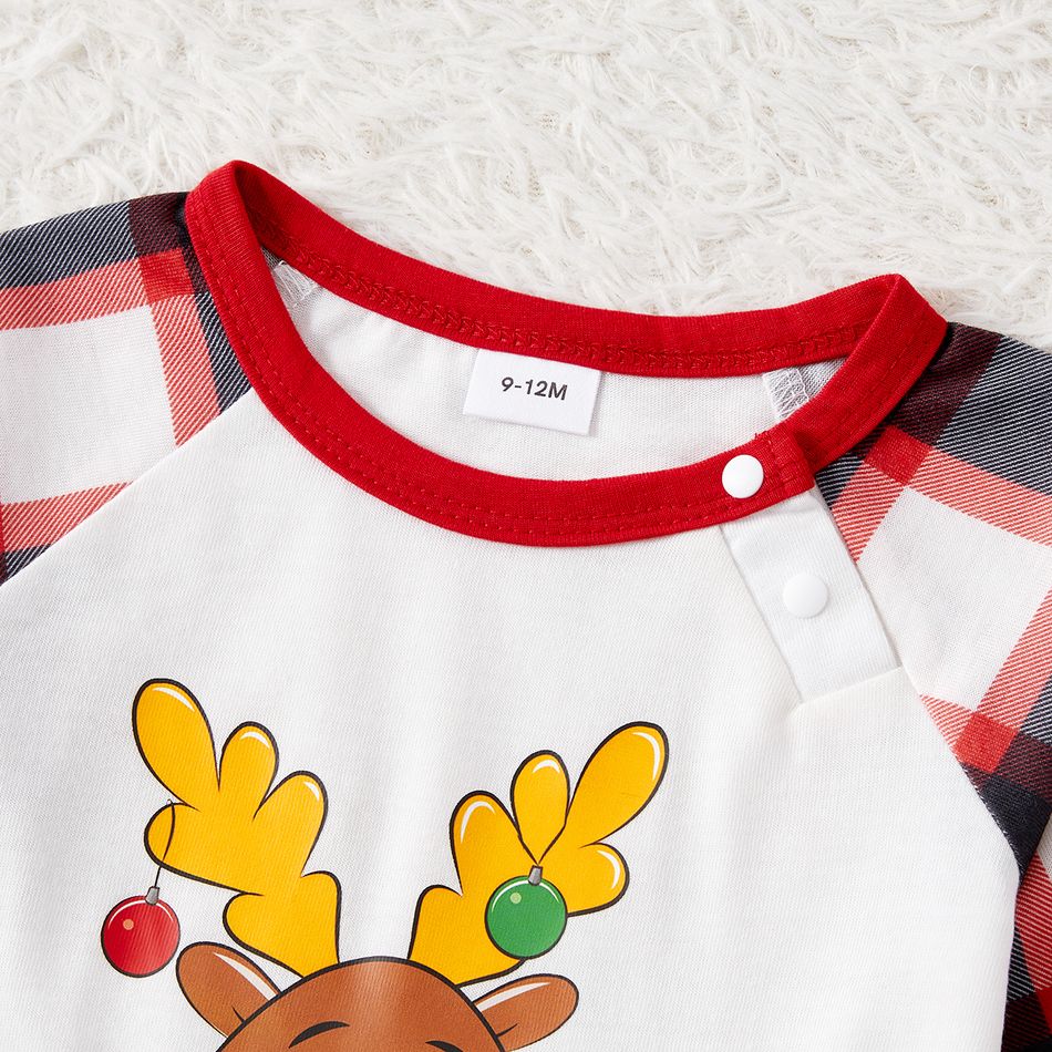 Christmas Family Matching Reindeer & Letter Print Red Raglan-sleeve Plaid Pajamas Sets (Flame Resistant) Black big image 12