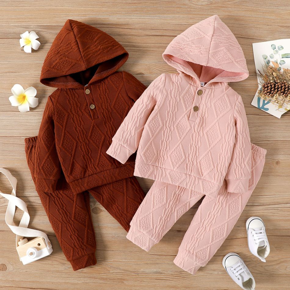2pcs Baby Boy/Girl Solid Textured Button Front Long-sleeve Hoodie and Sweatpants Set Pink big image 2