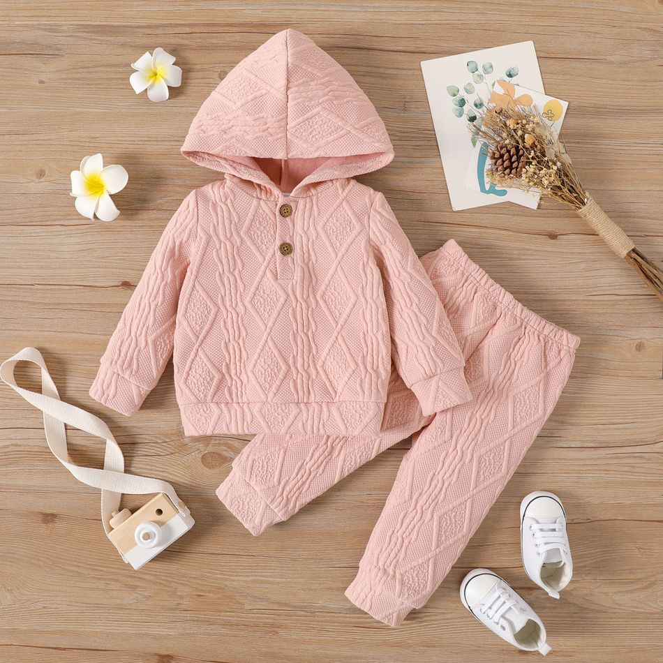 2pcs Baby Boy/Girl Solid Textured Button Front Long-sleeve Hoodie and Sweatpants Set Pink big image 1