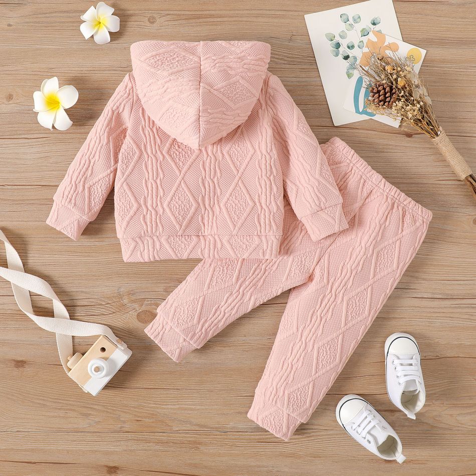 2pcs Baby Boy/Girl Solid Textured Button Front Long-sleeve Hoodie and Sweatpants Set Pink big image 3
