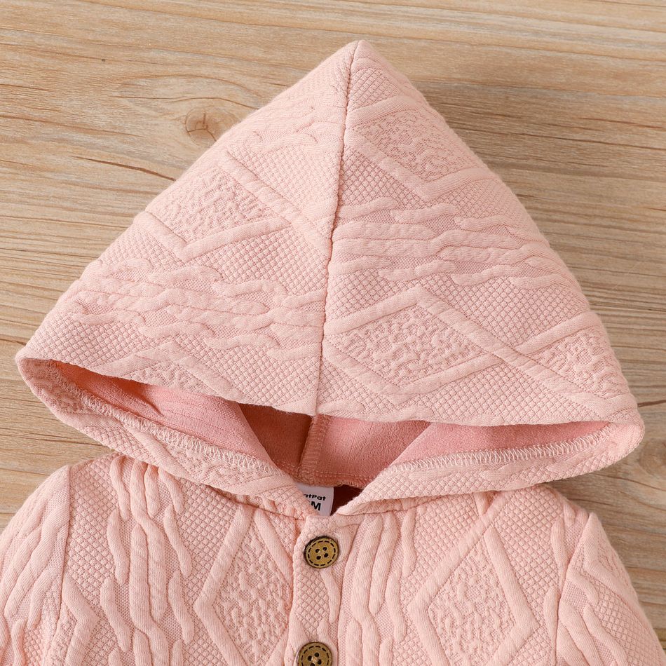2pcs Baby Boy/Girl Solid Textured Button Front Long-sleeve Hoodie and Sweatpants Set Pink big image 4