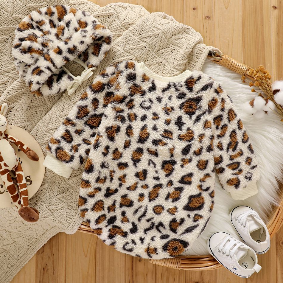 2pcs Baby Girl Allover Leopard Print Long-sleeve Thermal Fuzzy Romper with Hat Set Apricot big image 2