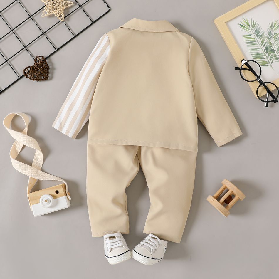 2pcs Baby Boy/Girl Apricot Spliced Striped Long-sleeve Shirt and Pants Set Apricot big image 2
