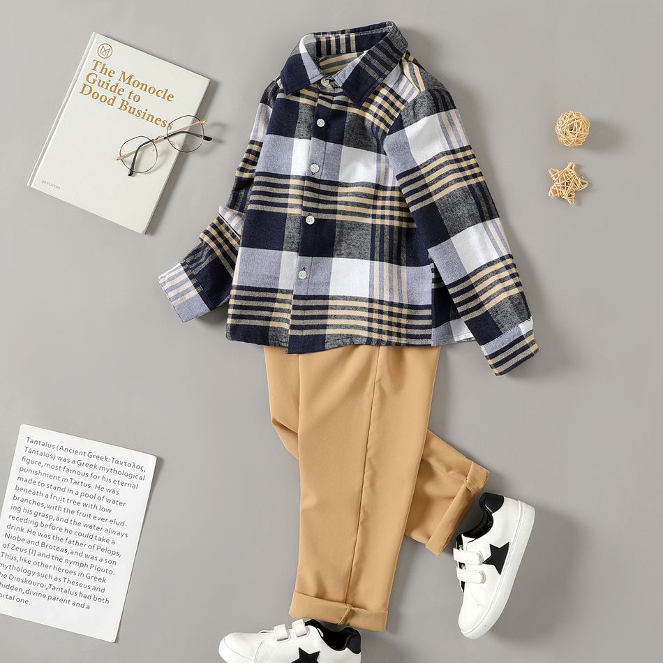 2pcs Kid Boy Preppy style Lapel Collar Long-sleeve Plaid Shirt and Khaki Pants Set Navy big image 1