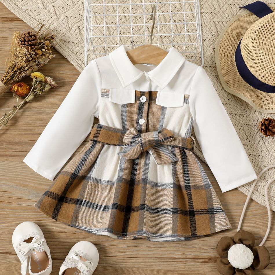 Baby Girl Solid Long-sleeve Spliced Plaid Belted Button Front Dress ColorBlock