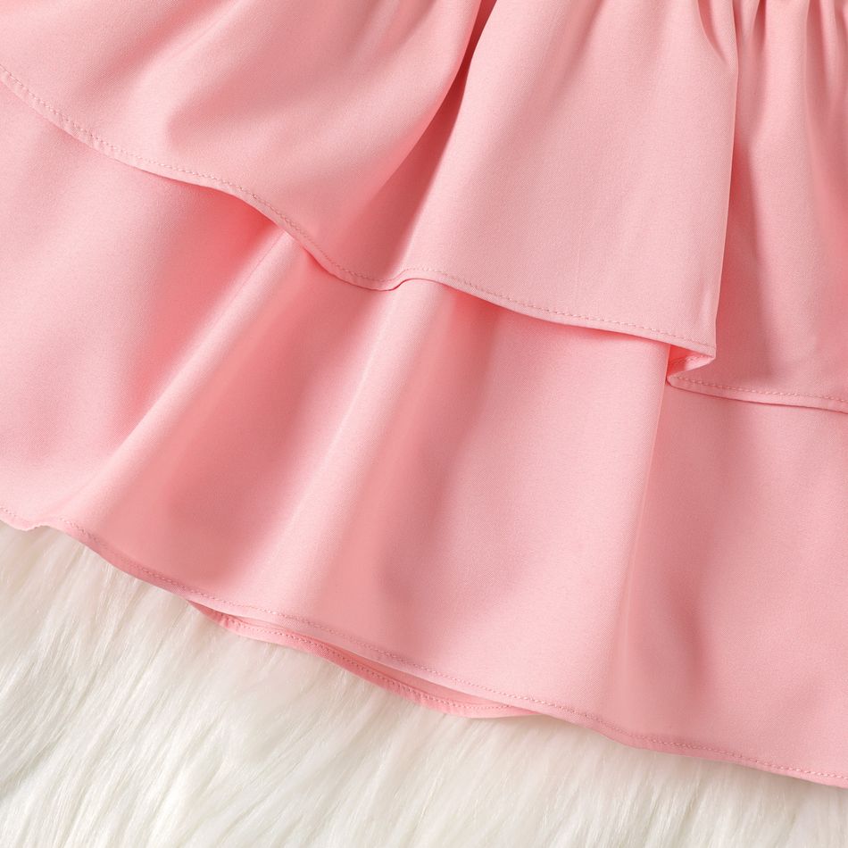 2pcs Baby Girl Button Front Solid Lapel Collar Ruffle Long-sleeve Layered Dress with Headband Set Pink big image 5