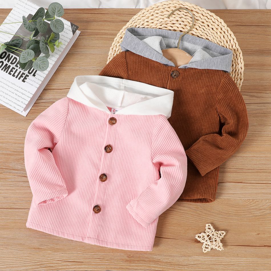 Baby Boy/Girl Button Front Corduroy Long-sleeve Contrast Hooded Jacket YellowBrown big image 2