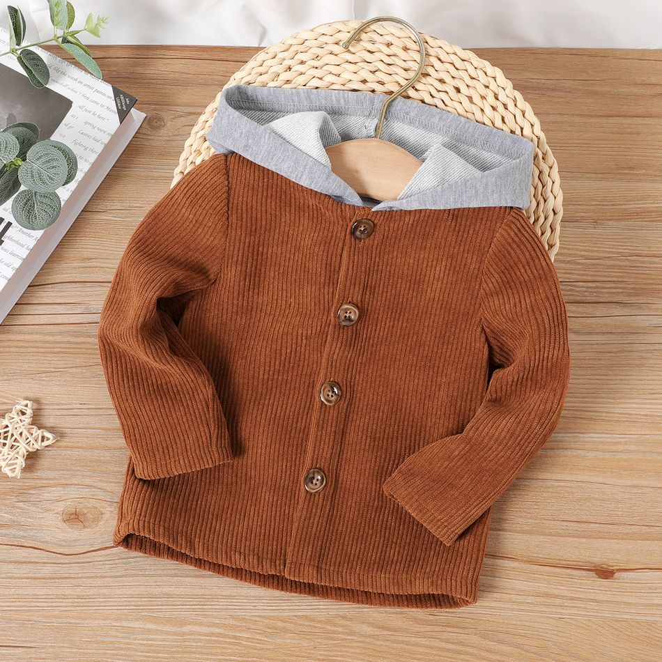 Baby Boy/Girl Button Front Corduroy Long-sleeve Contrast Hooded Jacket YellowBrown