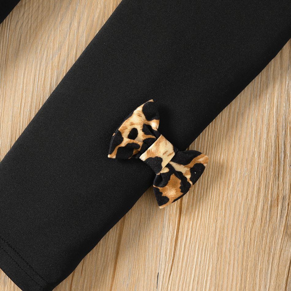 2pcs Kid Girl Leopard Print 3D Bowknot Decor Long-sleeve Tee and Black Leggings Set Coffee big image 4