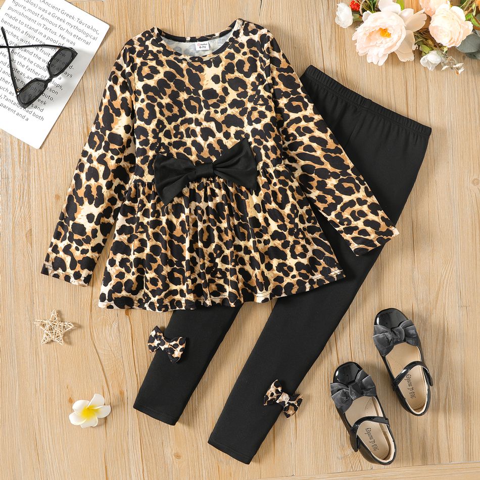 2pcs Kid Girl Leopard Print 3D Bowknot Decor Long-sleeve Tee and Black Leggings Set Coffee