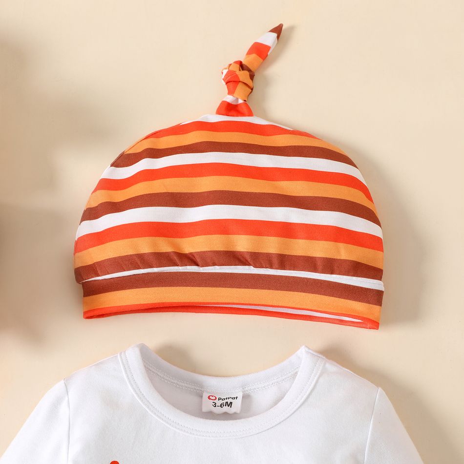 Thanksgiving Day 2pcs Baby Boy Letter Print Striped Long-sleeve Romper with Hat Set ColorBlock big image 3