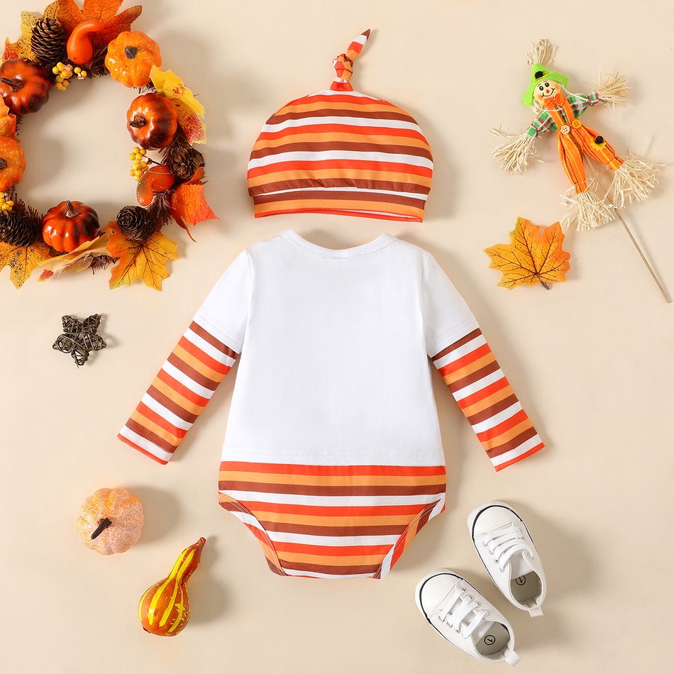 Thanksgiving Day 2pcs Baby Boy Letter Print Striped Long-sleeve Romper with Hat Set ColorBlock big image 2